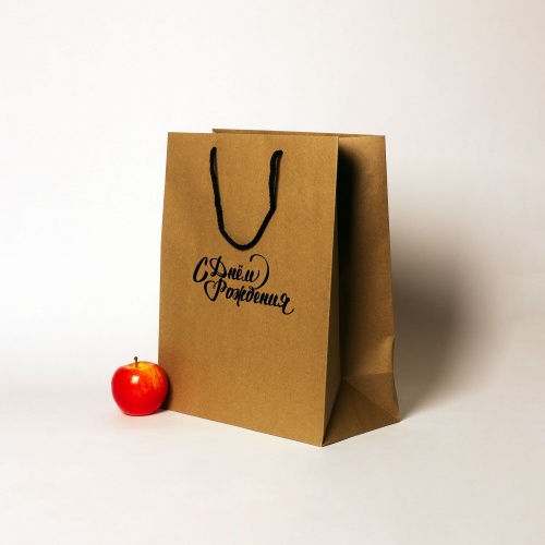 Пакеты бумажные 33х40х16см, цвет - коричневый, материал - плотный крафт, ламинация - без ламинации, ручки - шнур, фото 2