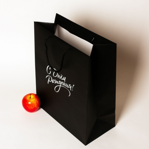 Пакеты бумажные 33х40х16см, цвет - черный, материал - мелованная бумага, ламинация - матовая, ручки - шнур, фото 4