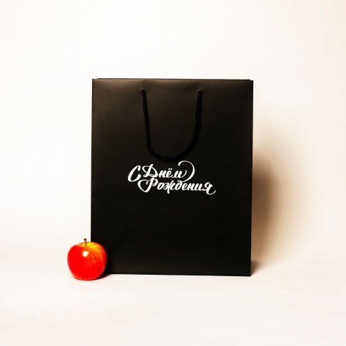 Пакеты бумажные 33х4х16см, цвет - черный, материал - мелованная бумага, ламинация - матовая, ручки - шнур, фото 1 (вид спереди)