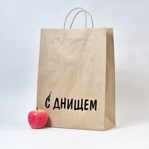 Пакеты бумажные 30х40х13см, цвет - коричневый, материал - тонкий крафт, ламинация - без ламинации, ручки - крученые (шпагат), фото 1 (вид спереди)